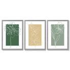 Minimal Sketch Flowers on Green and Yellow Set of 3 Framed Art Prints with Light Grey Wooden Frames
