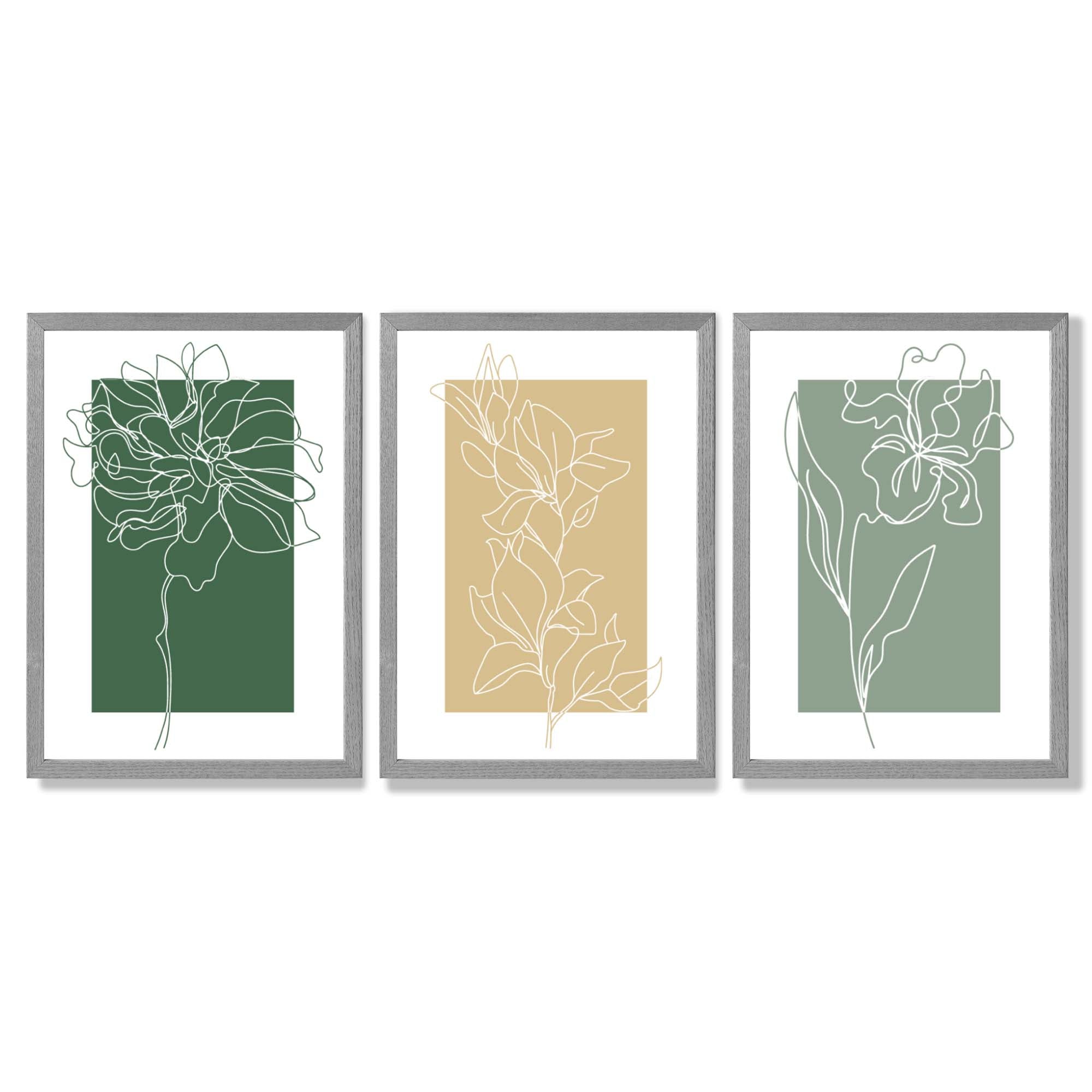 Minimal Sketch Flowers on Green and Yellow Set of 3 Framed Art Prints with Light Grey Wooden Frames