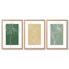Minimal Sketch Flowers on Green and Yellow Set of 3 Framed Art Prints with Light Oak Frames