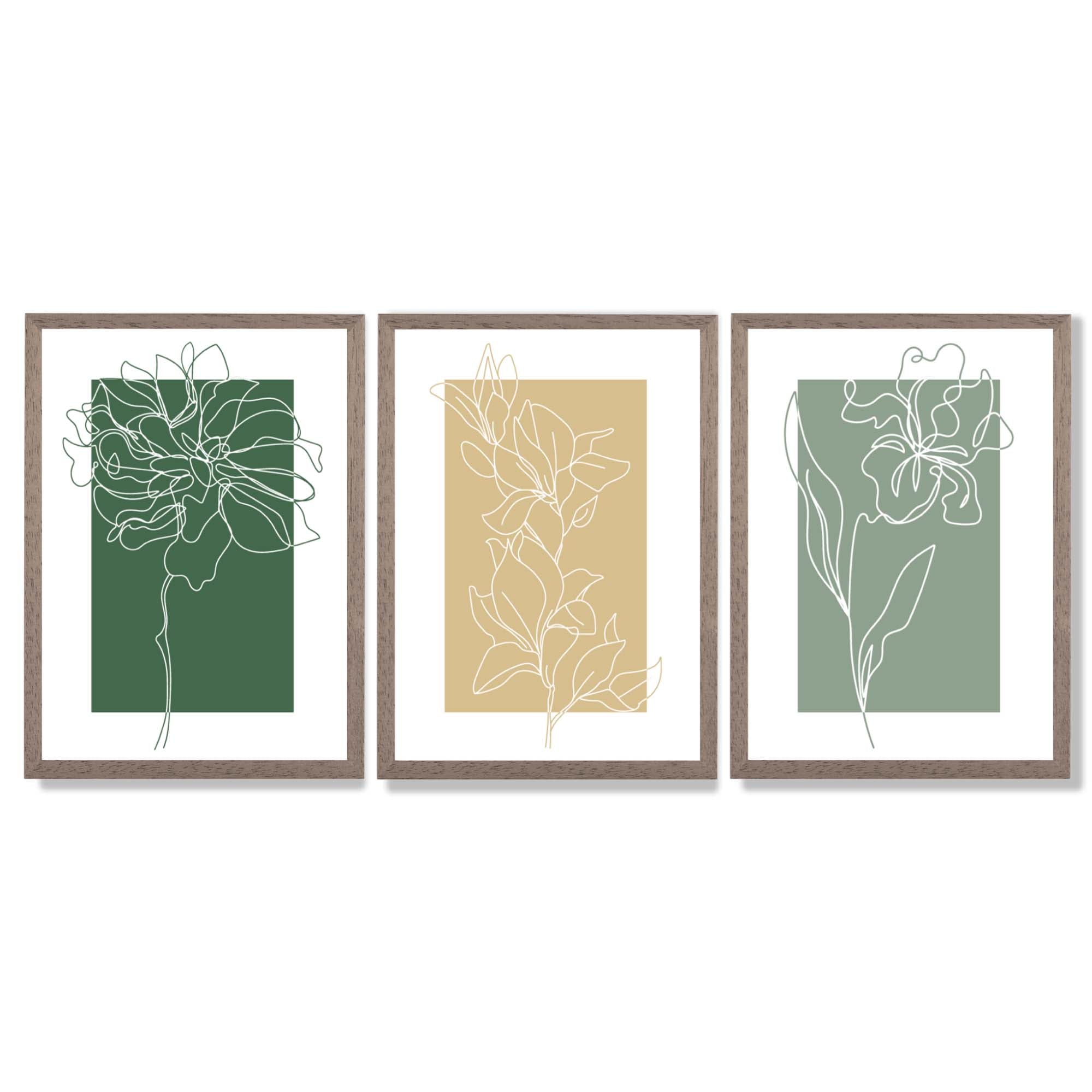 Minimal Sketch Flowers on Green and Yellow Set of 3 Framed Art Prints with Light Walnut Frames