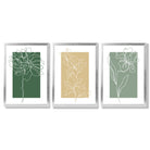 Minimal Sketch Flowers on Green and Yellow Set of 3 Framed Art Prints with Silver Wood Frames