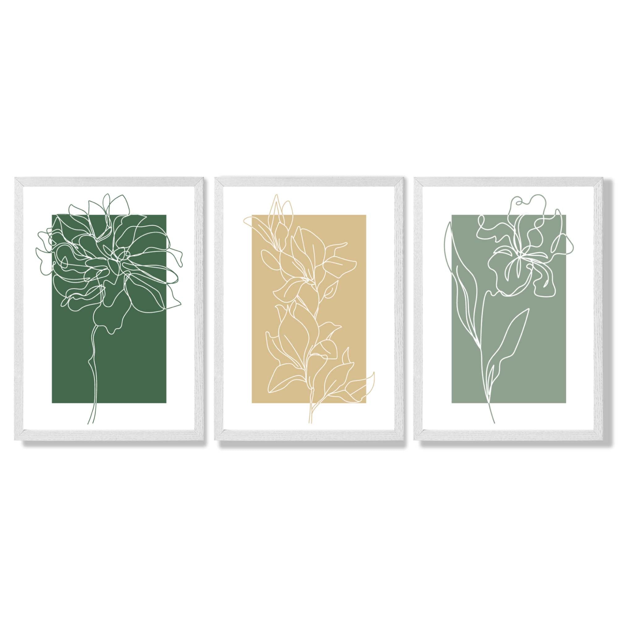 Minimal Sketch Flowers on Green and Yellow Set of 3 Framed Art Prints with White Wooden Frames