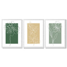 Minimal Sketch Flowers on Green and Yellow Set of 3 Framed Art Prints with White Wooden Frames