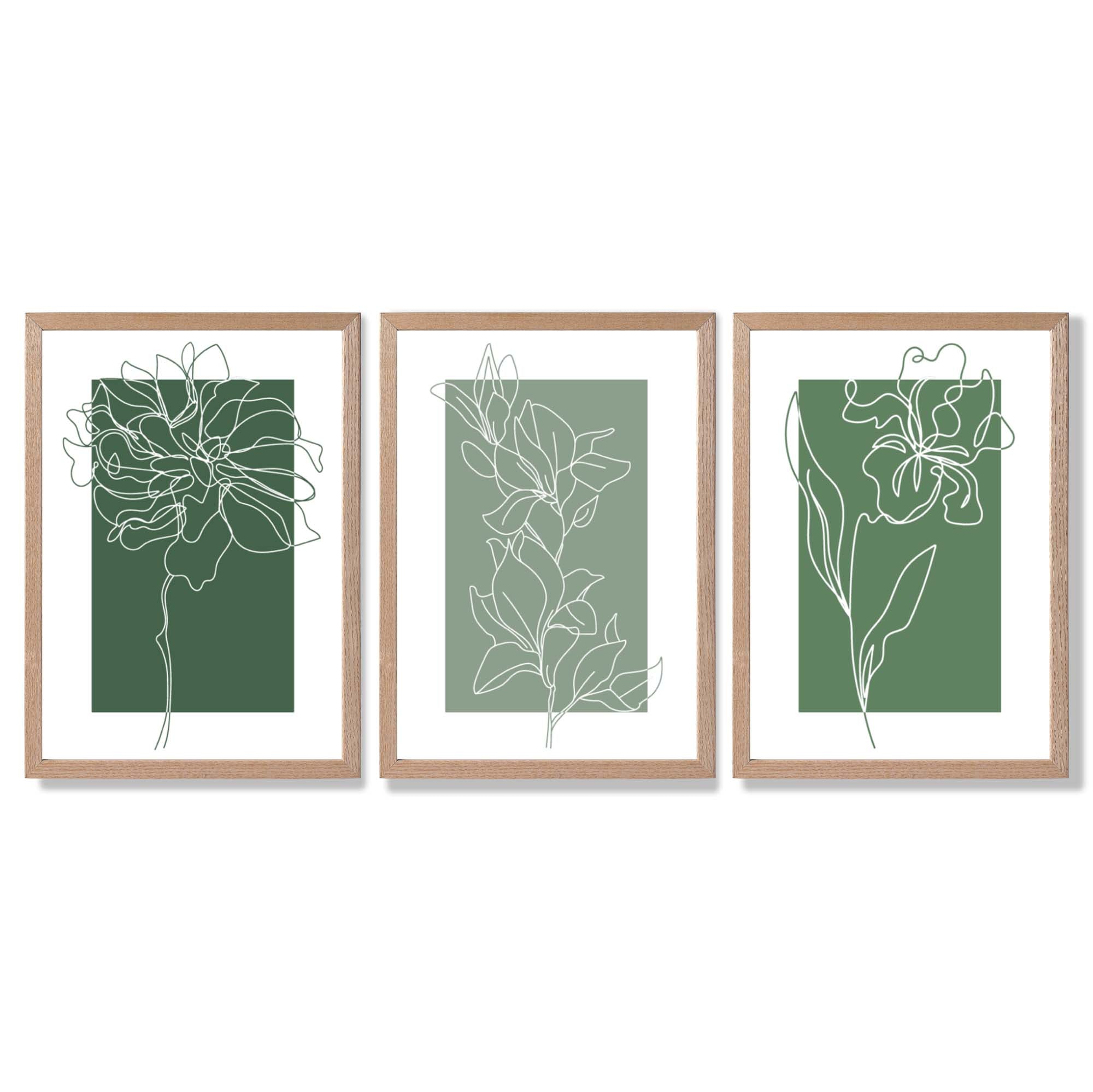 Minimal Sketch Flowers on Green Shades Set of 3 Framed Art Prints with Light Oak Frames