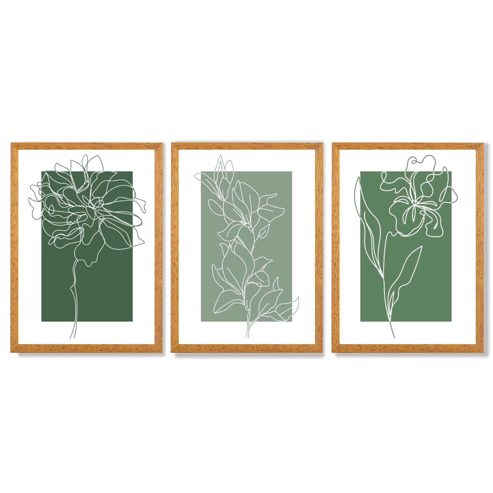 Minimal Sketch Flowers on Green Shades Set of 3 Framed Art Prints with Oak Wooden Frames