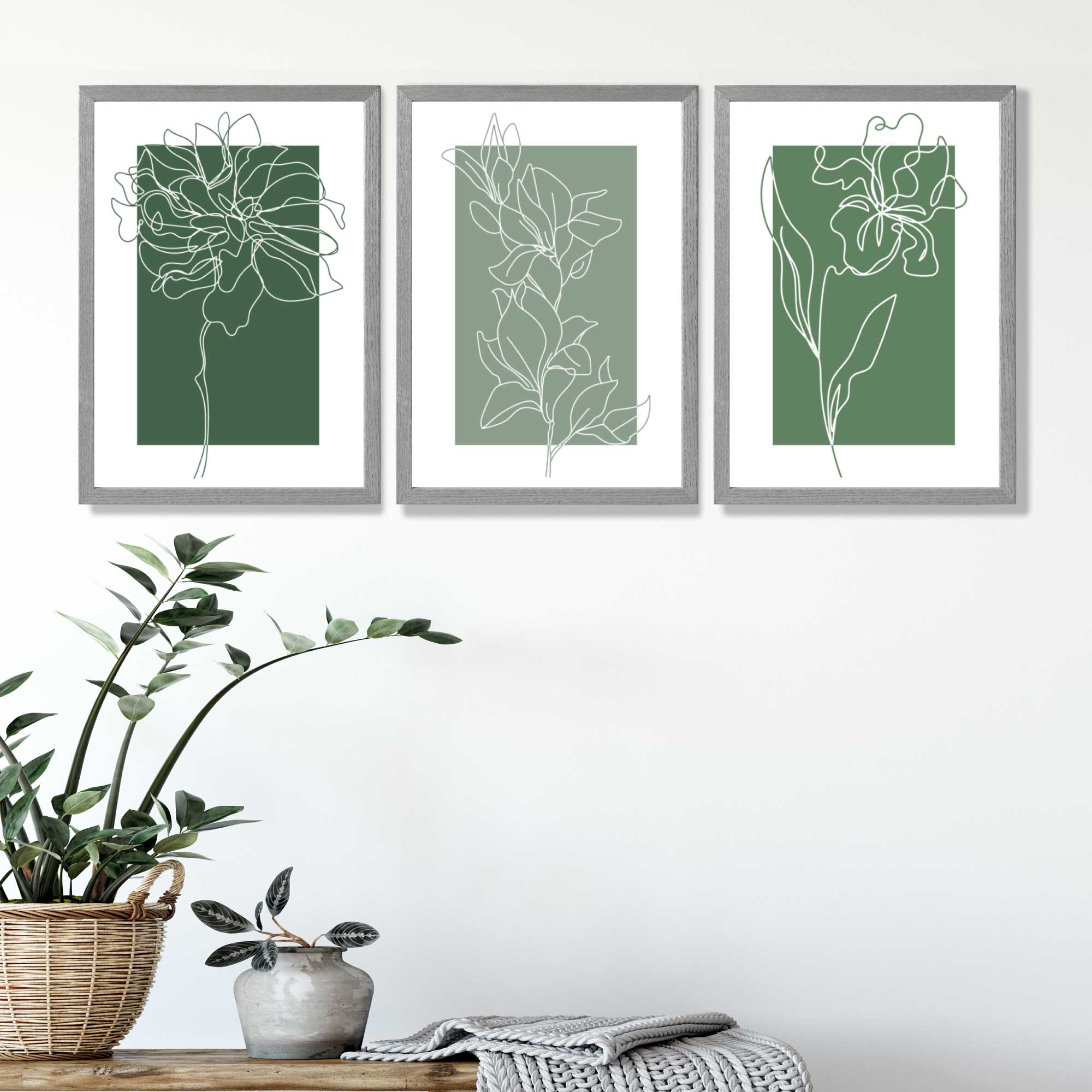 Minimal Sketch Flowers on Green Shades Set of 3 Art Prints in Luxury Frames | Artze UK