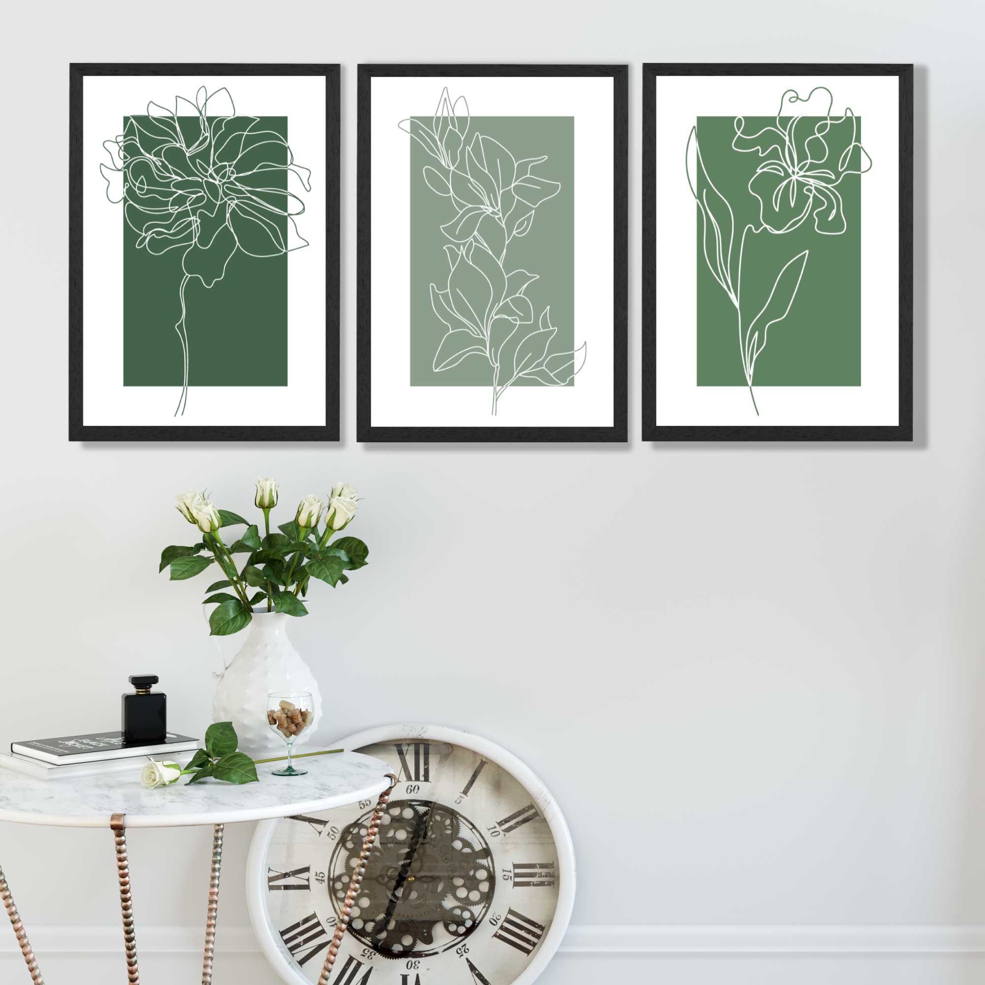 Minimal Sketch Flowers on Green Shades Set of 3 Art Prints in Black Frames | Artze UK