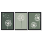 Dandelions Sketch on Green Shades Set of 3 Framed Art Prints with Black Wooden Frames