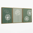 Dandelions Sketch on Green Shades Set of 3 Canvas Art Prints with Gold Float Frame