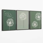 Dandelions Sketch on Green Shades Set of 3 Canvas Art Prints with Grey Float Frame