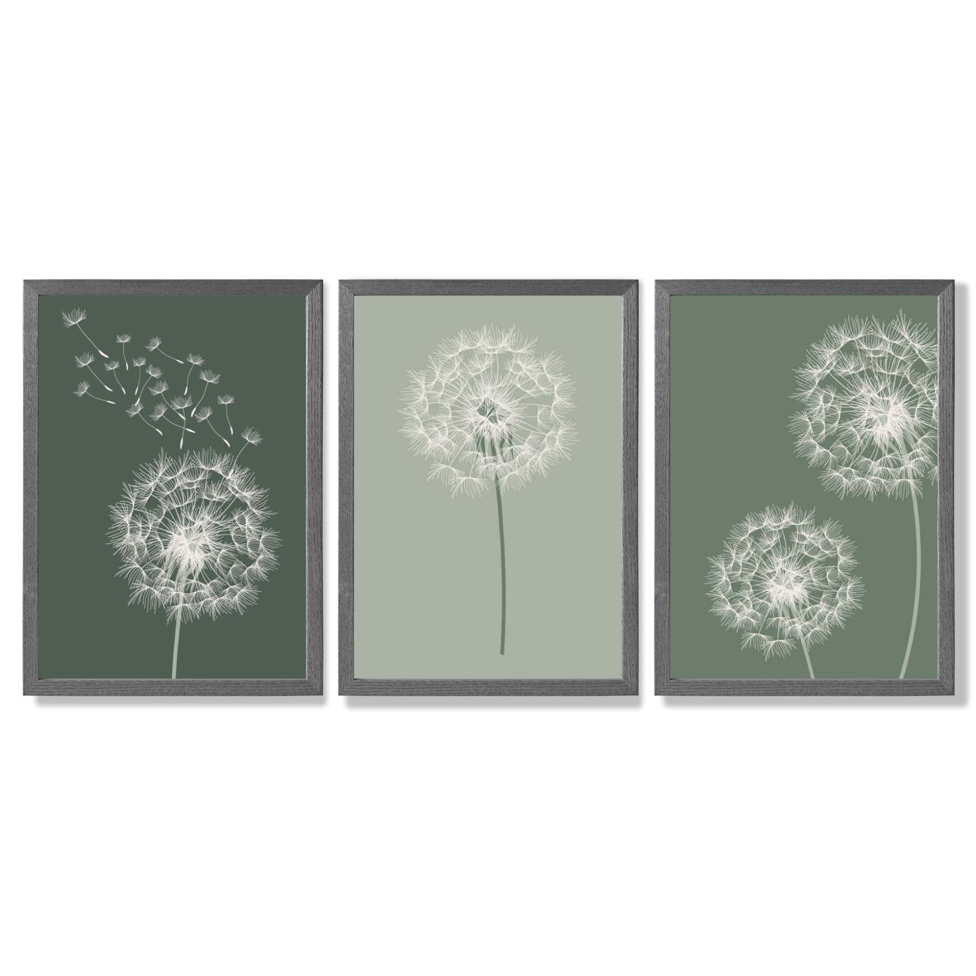 Dandelions Sketch on Green Shades Set of 3 Framed Art Prints with Dark Grey Wooden Frames