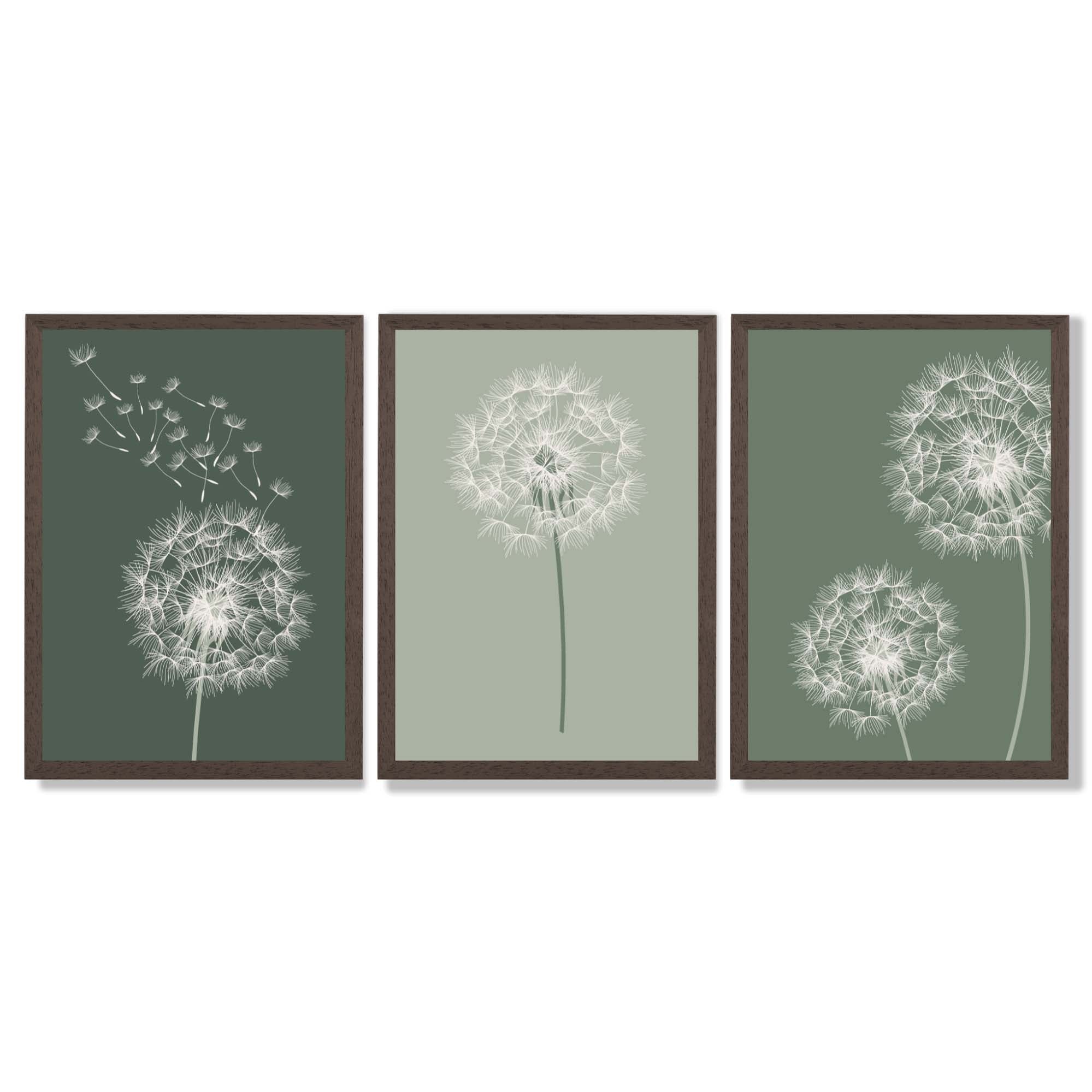 Dandelions Sketch on Green Shades Set of 3 Framed Art Prints with Dark Wood Frames