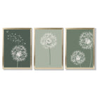 Dandelions Sketch on Green Shades Set of 3 Framed Art Prints with Gold Wood Frames