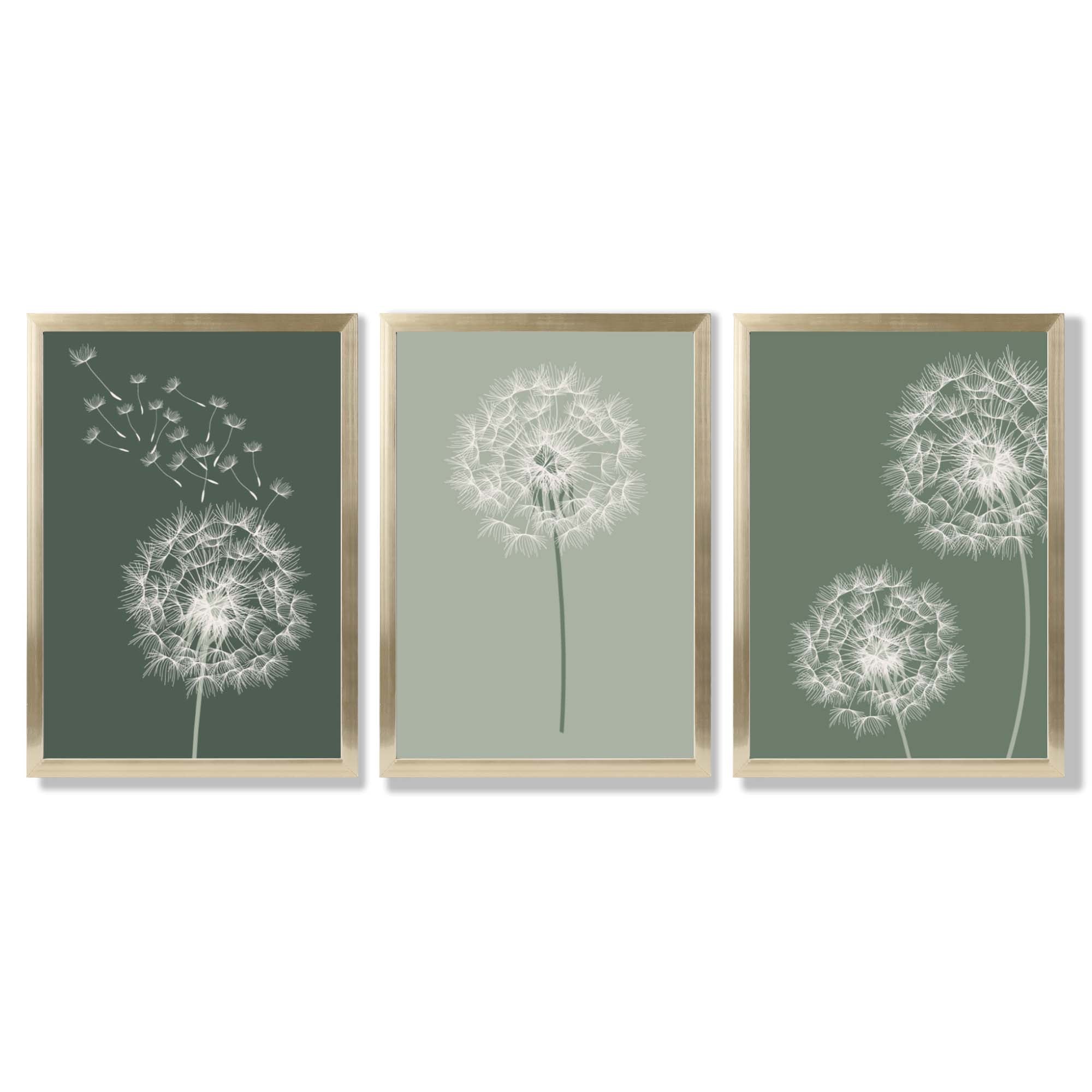 Dandelions Sketch on Green Shades Set of 3 Framed Art Prints with Gold Wood Frames