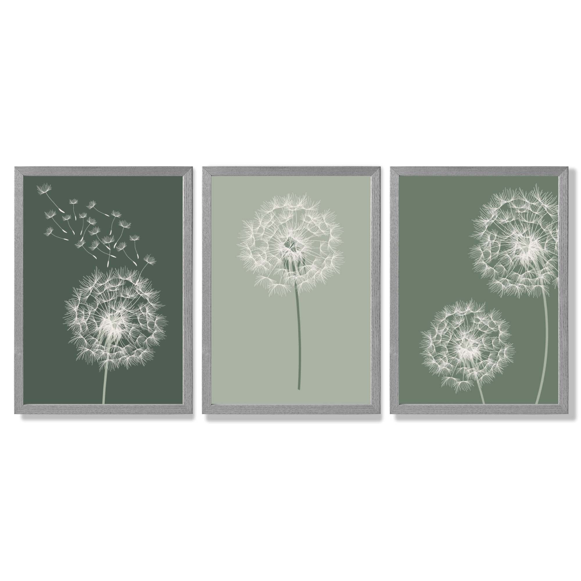 Dandelions Sketch on Green Shades Set of 3 Framed Art Prints with Light Grey Wooden Frames