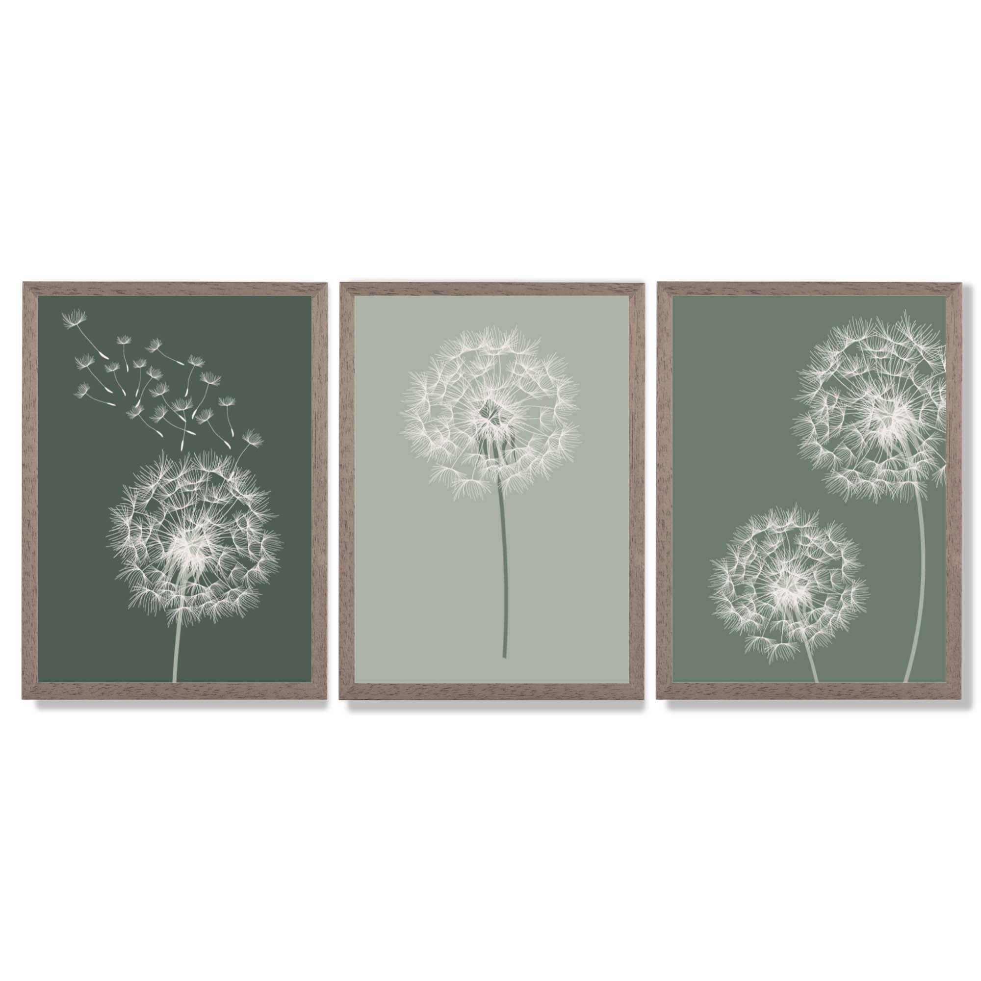 Dandelions Sketch on Green Shades Set of 3 Framed Art Prints with Light Walnut Frames