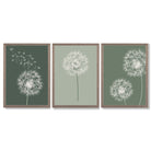 Dandelions Sketch on Green Shades Set of 3 Framed Art Prints with Light Walnut Frames