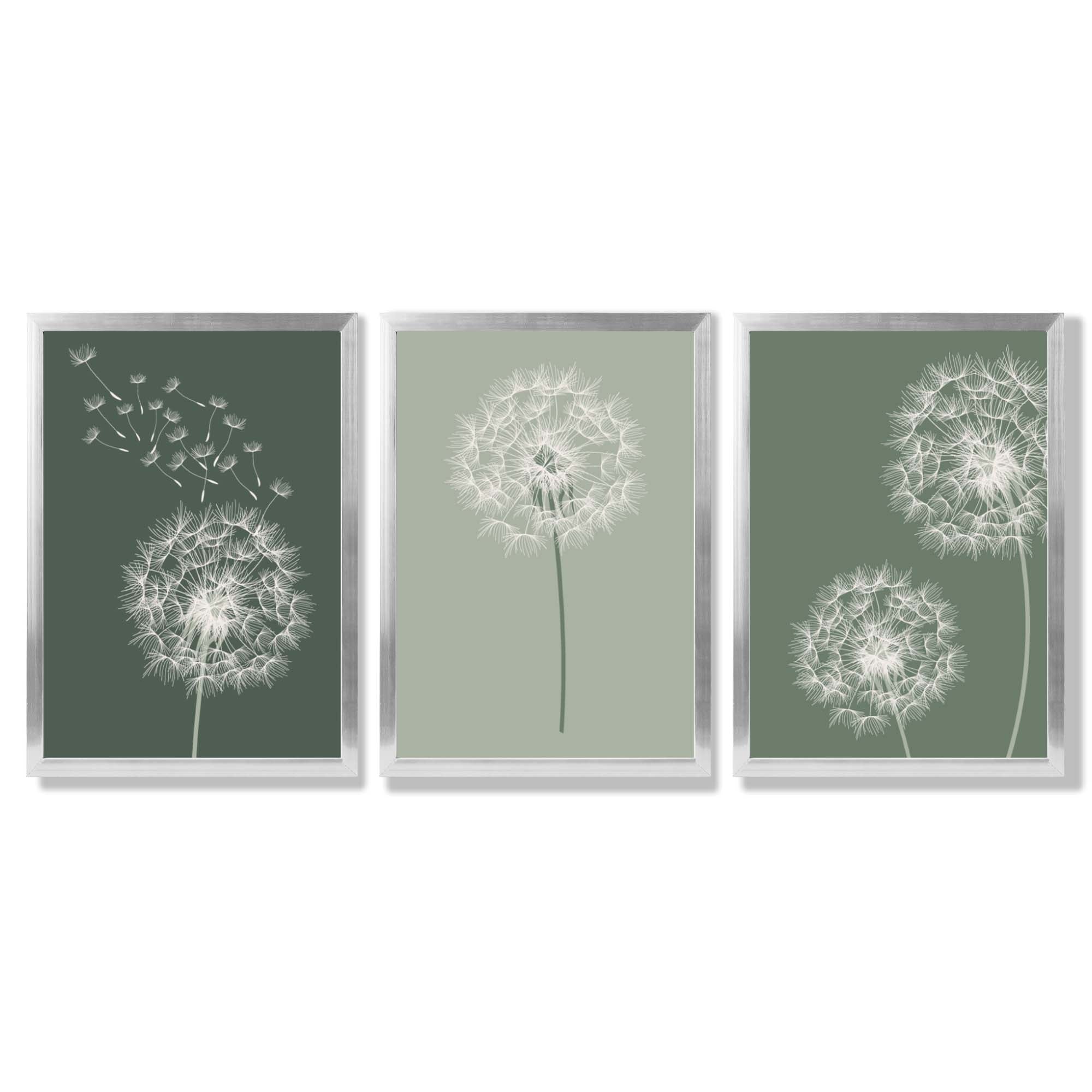 Dandelions Sketch on Green Shades Set of 3 Framed Art Prints with Silver Wood Frames