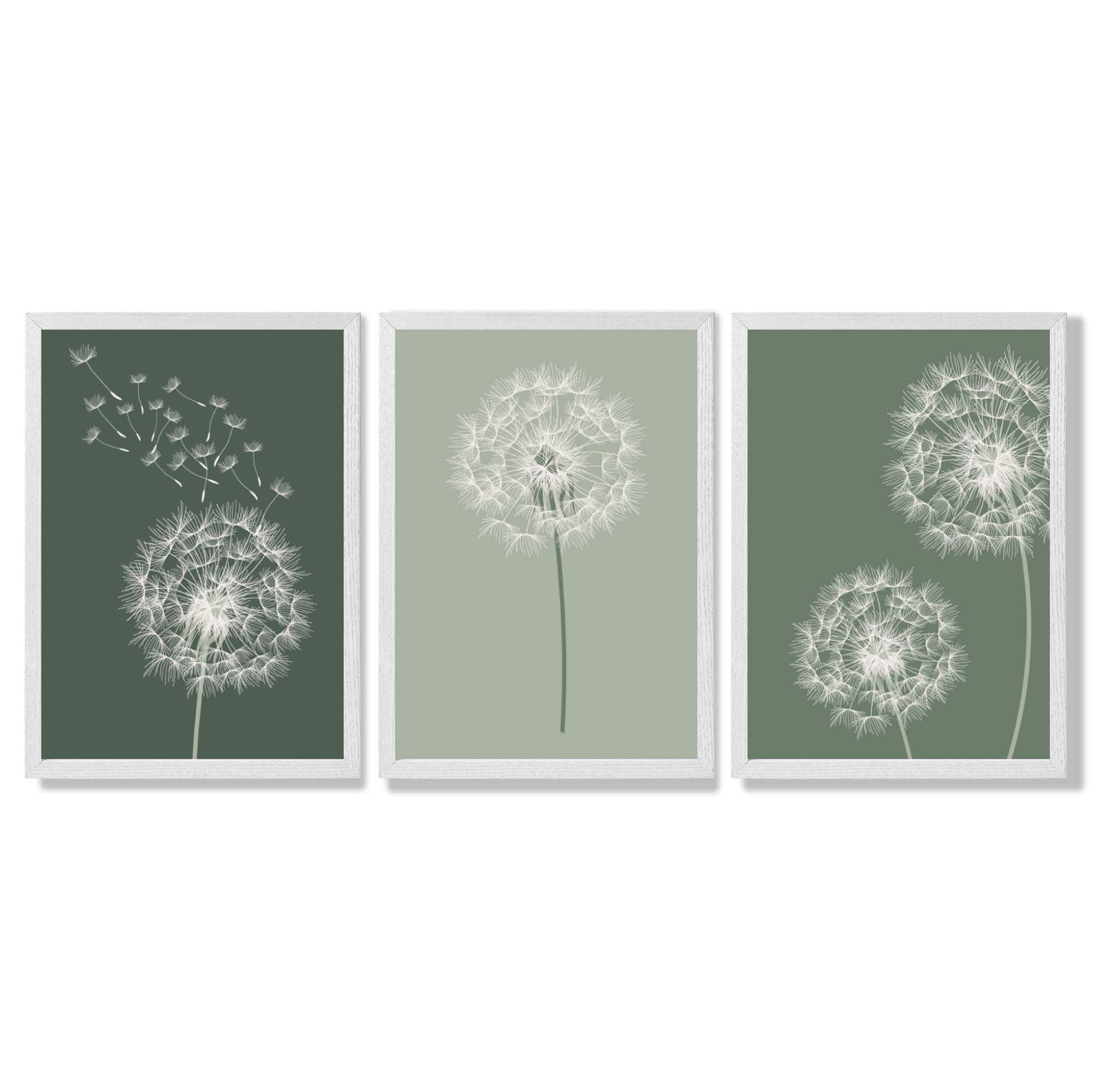 Dandelions Sketch on Green Shades Set of 3 Framed Art Prints with White Wooden Frames