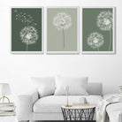 Dandelions Sketch on Green Shades Set of 3 Art Prints in Luxury Frames | Artze UK