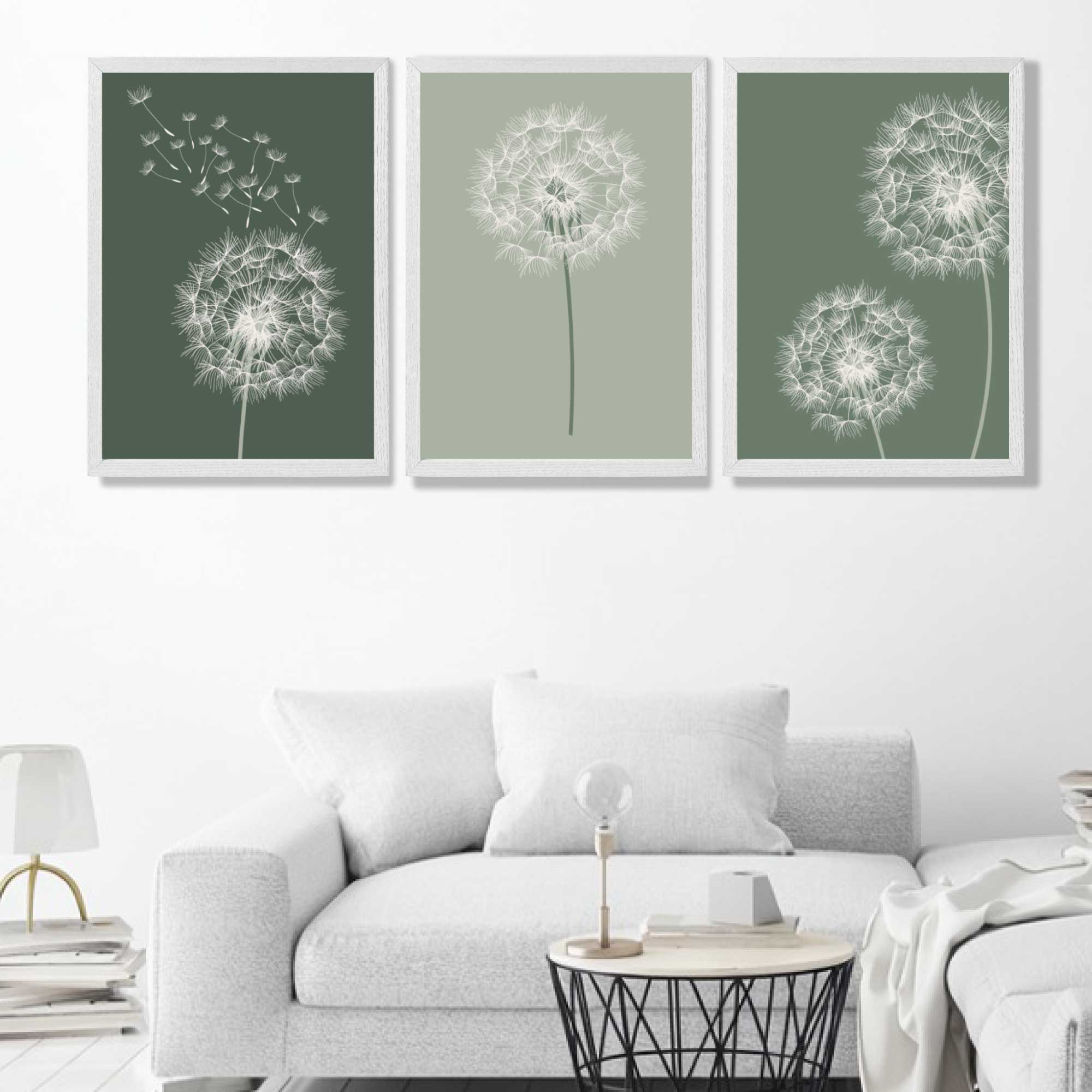 Dandelions Sketch on Green Shades Set of 3 Art Prints in Luxury Frames | Artze UK