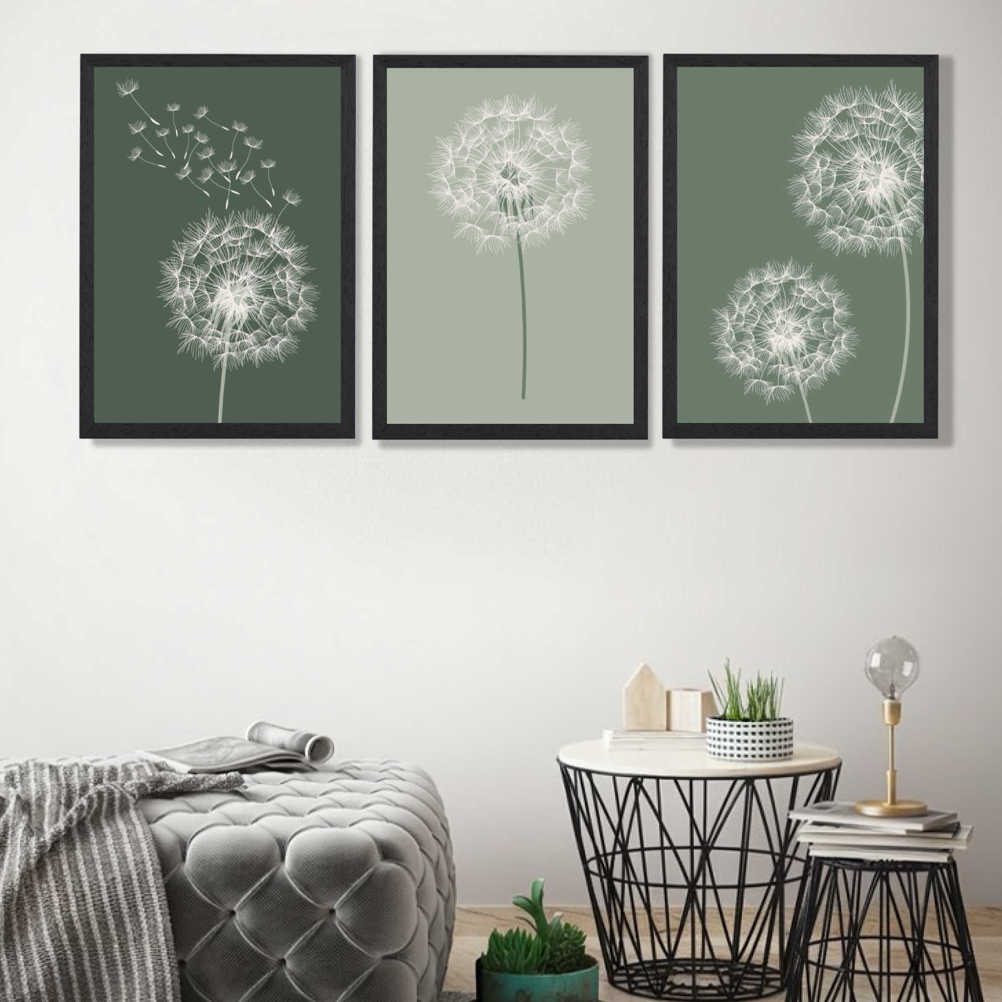 Dandelions Sketch on Green Shades Set of 3 Art Prints in Black Frames | Artze UK