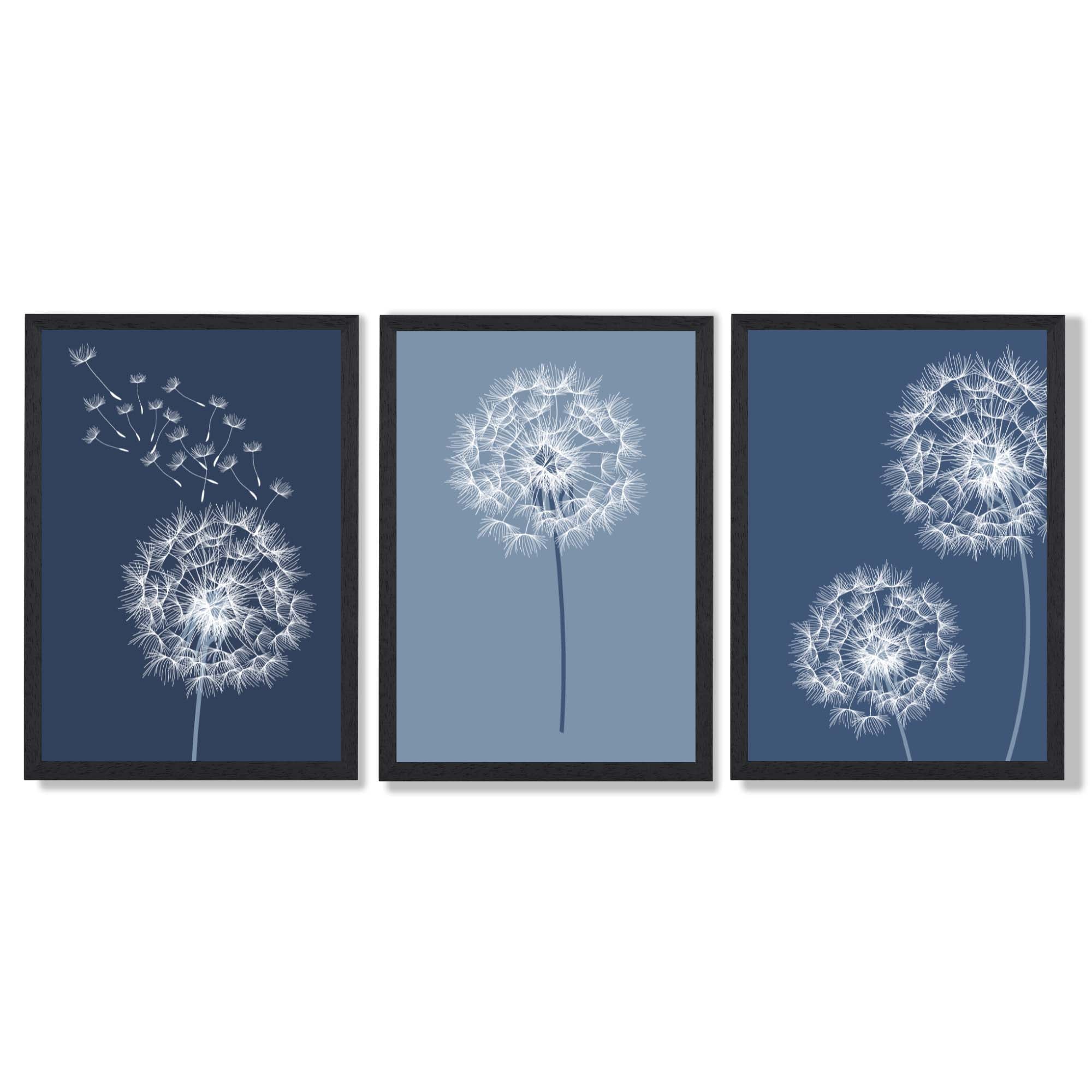 Dandelions Sketch on Blue Shades Set of 3 Framed Art Prints with Black Wooden Frames