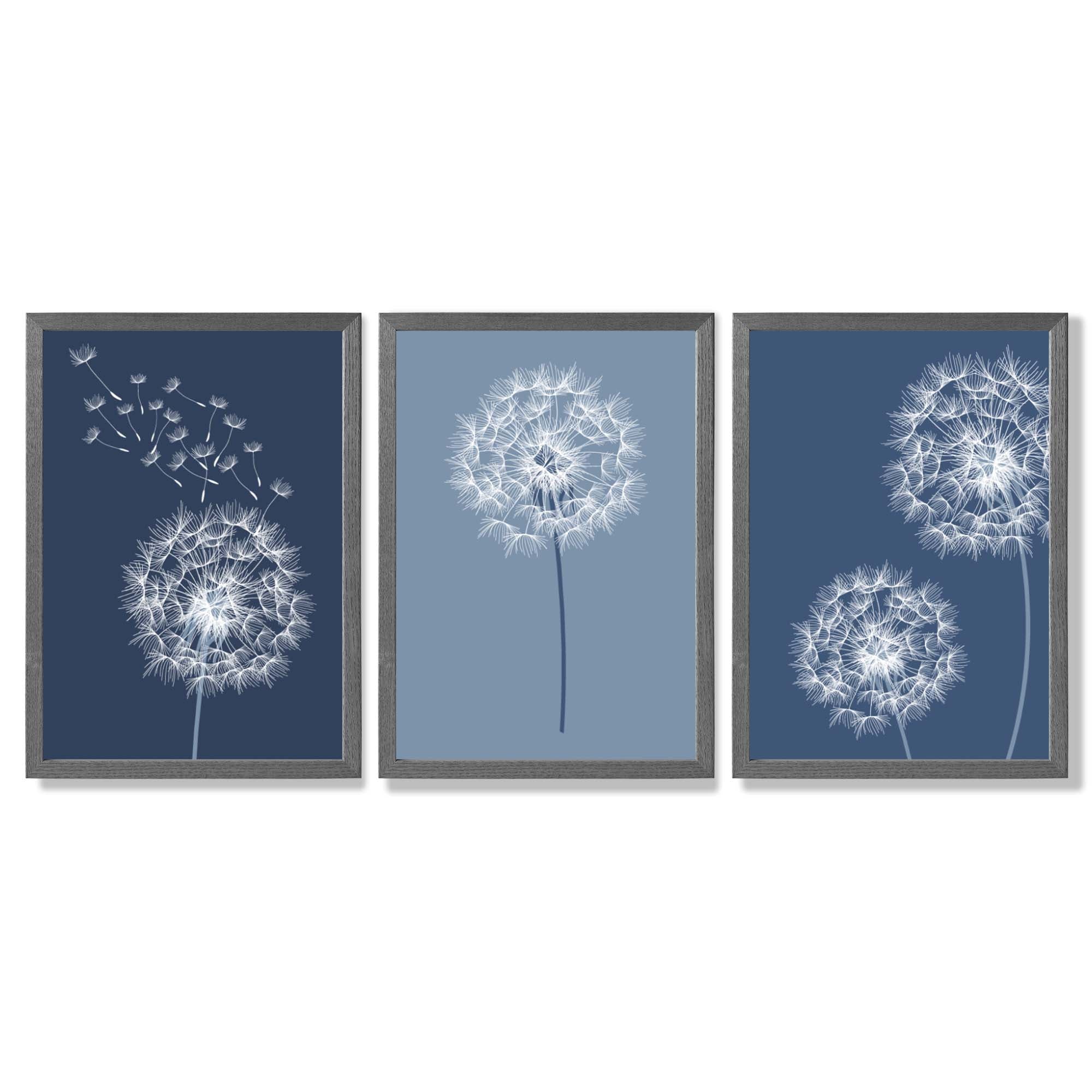 Dandelions Sketch on Blue Shades Set of 3 Framed Art Prints with Dark Grey Wooden Frames