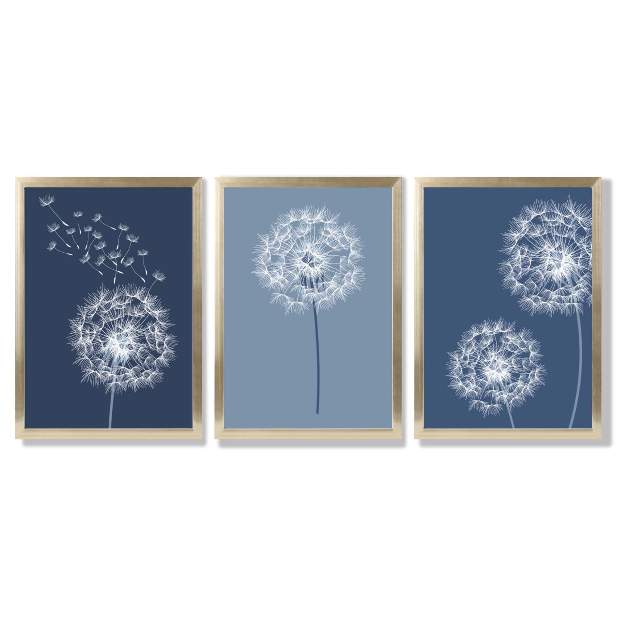 Dandelions Sketch on Blue Shades Set of 3 Framed Art Prints with Gold Wood Frames
