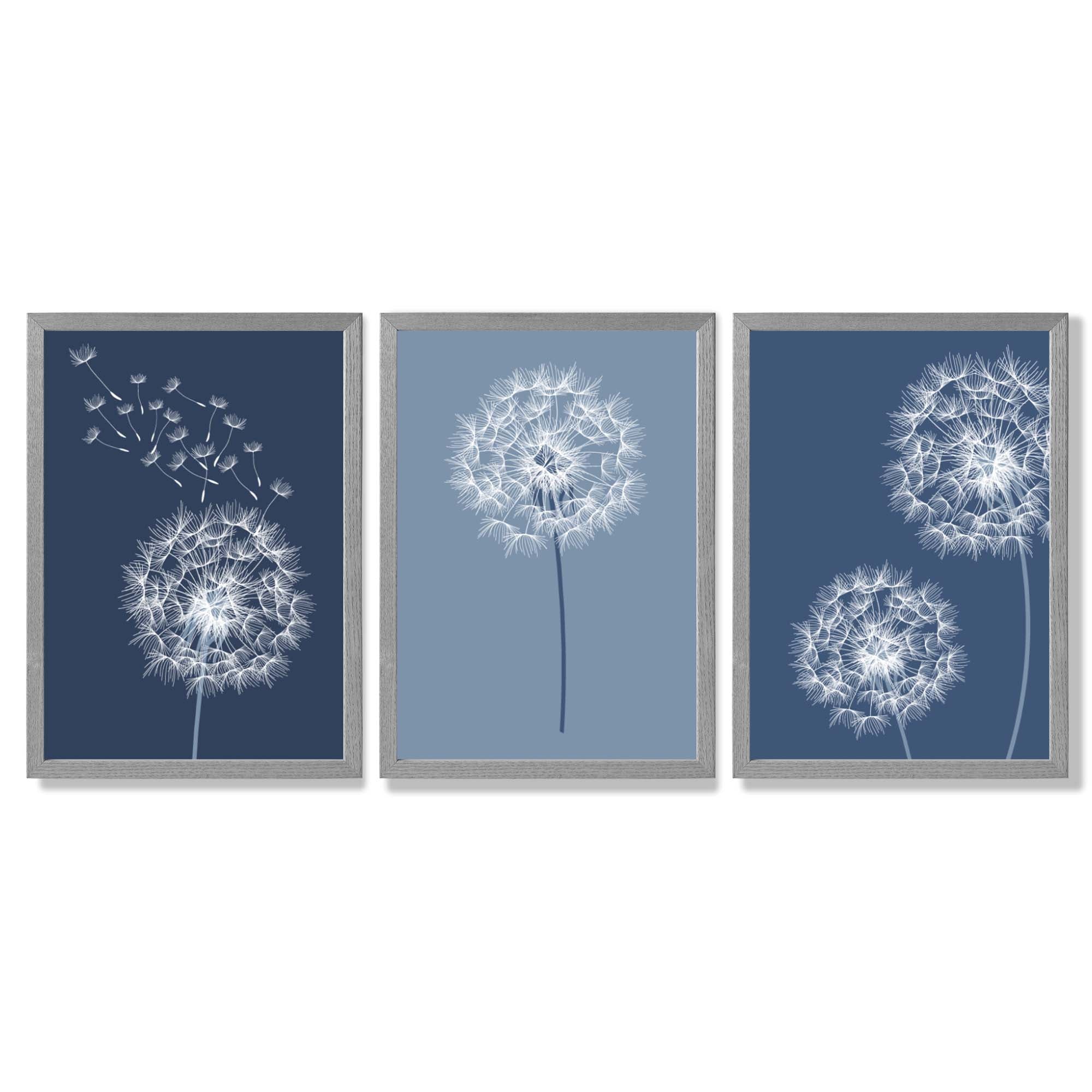 Dandelions Sketch on Blue Shades Set of 3 Framed Art Prints with Light Grey Wooden Frames