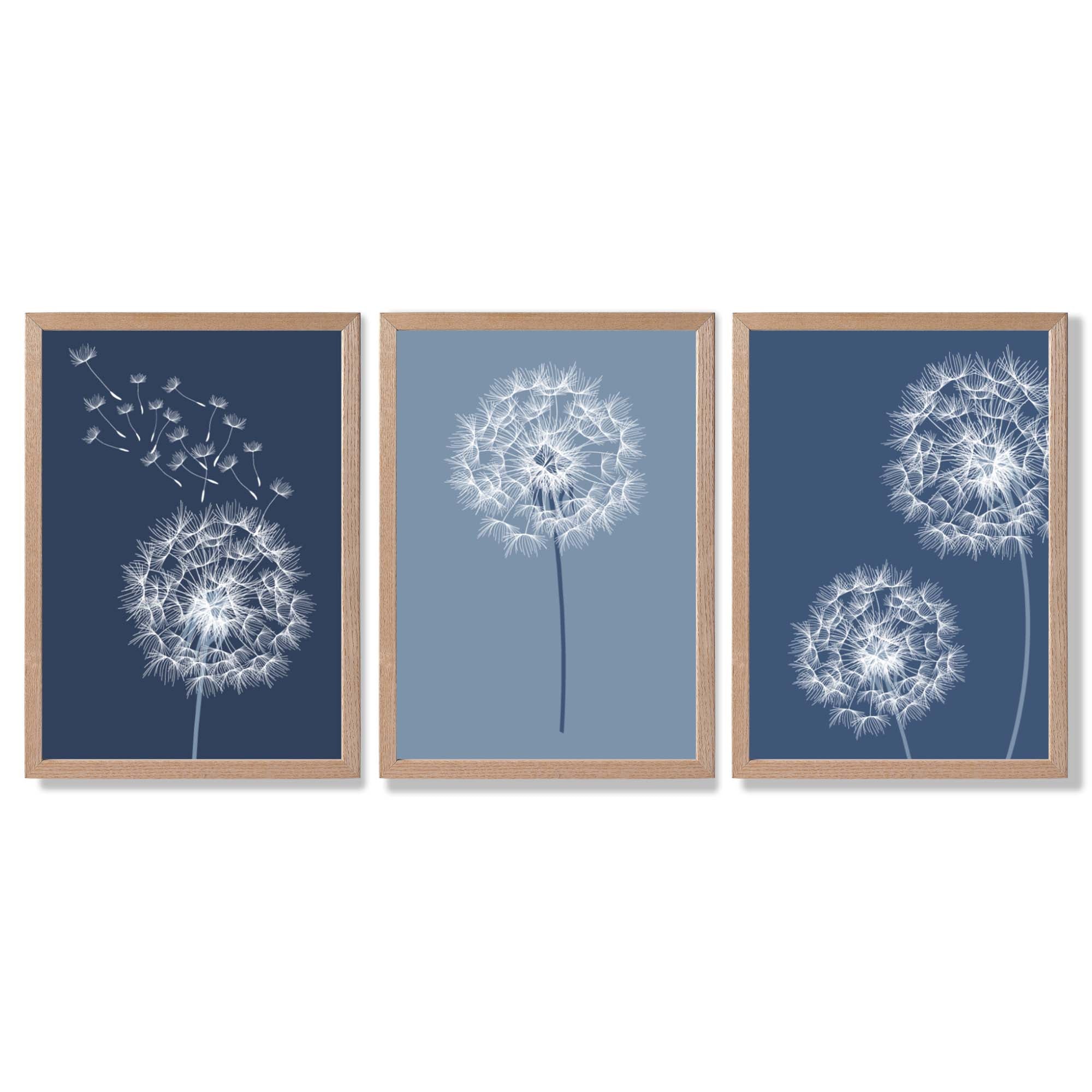 Dandelions Sketch on Blue Shades Set of 3 Framed Art Prints with Light Oak Frames