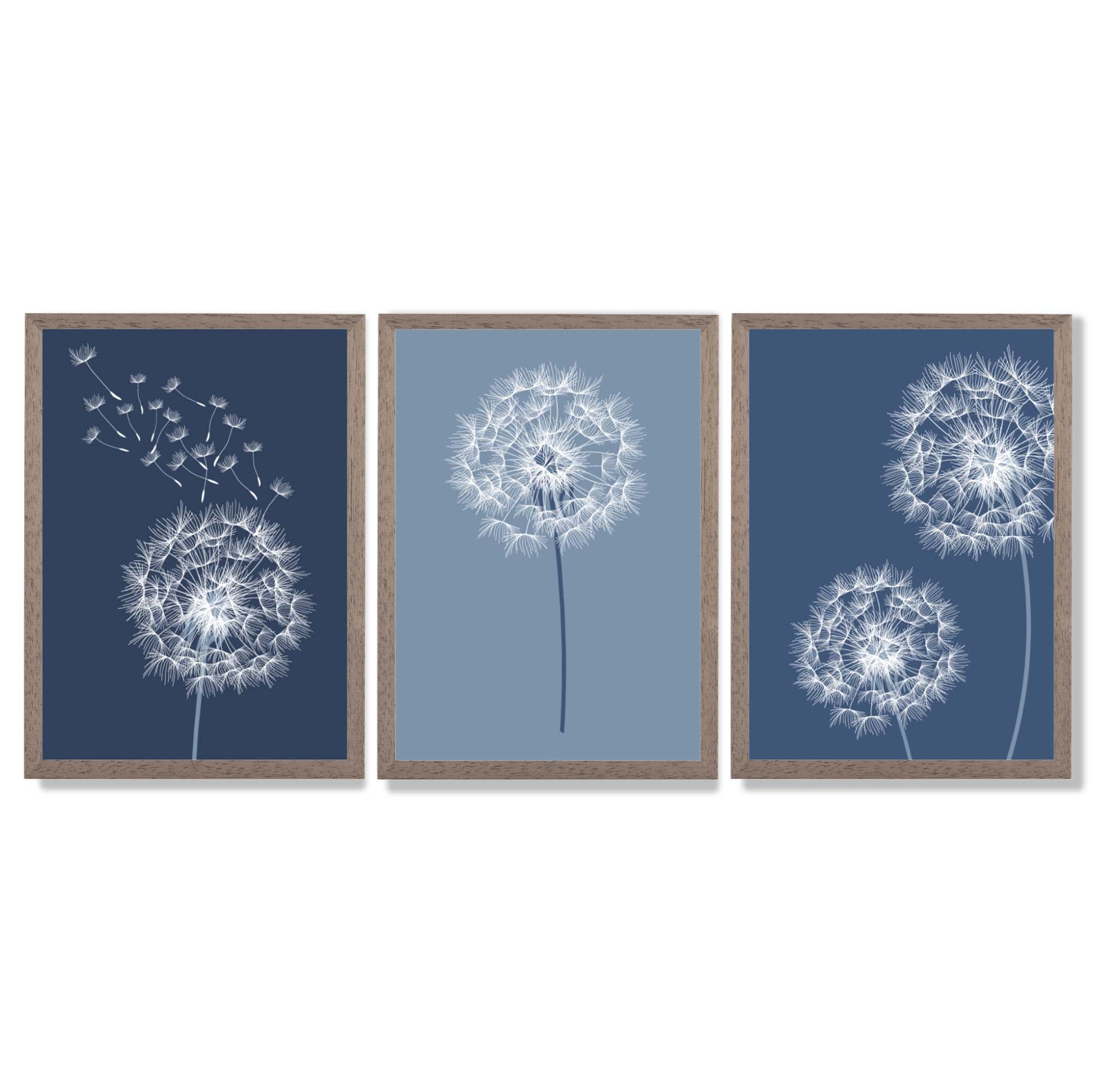 Dandelions Sketch on Blue Shades Set of 3 Framed Art Prints with Light Walnut Frames