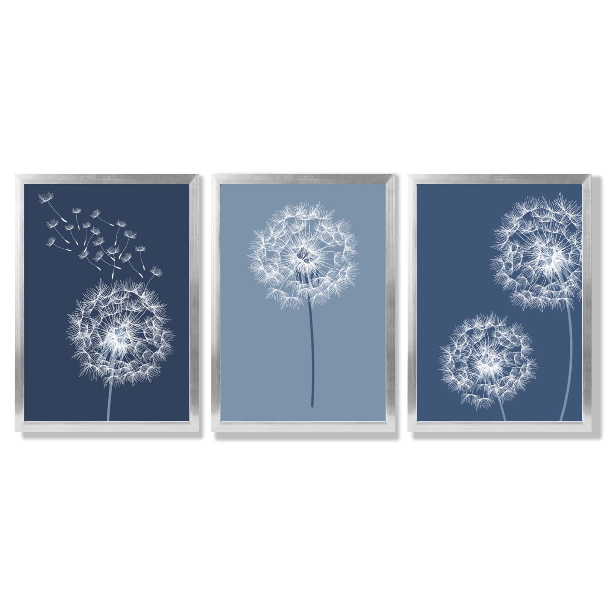 Dandelions Sketch on Blue Shades Set of 3 Framed Art Prints with Silver Wood Frames