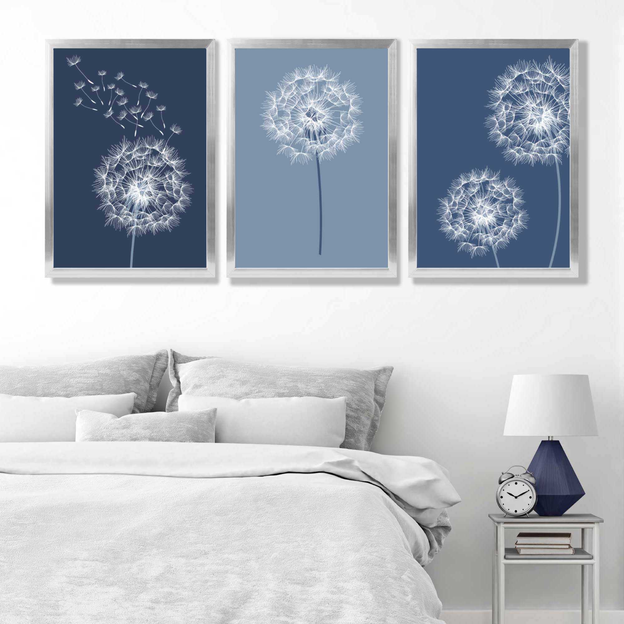 Dandelions Sketch on Blue Shades Set of 3 Art Prints in Luxury Frames | Artze UK