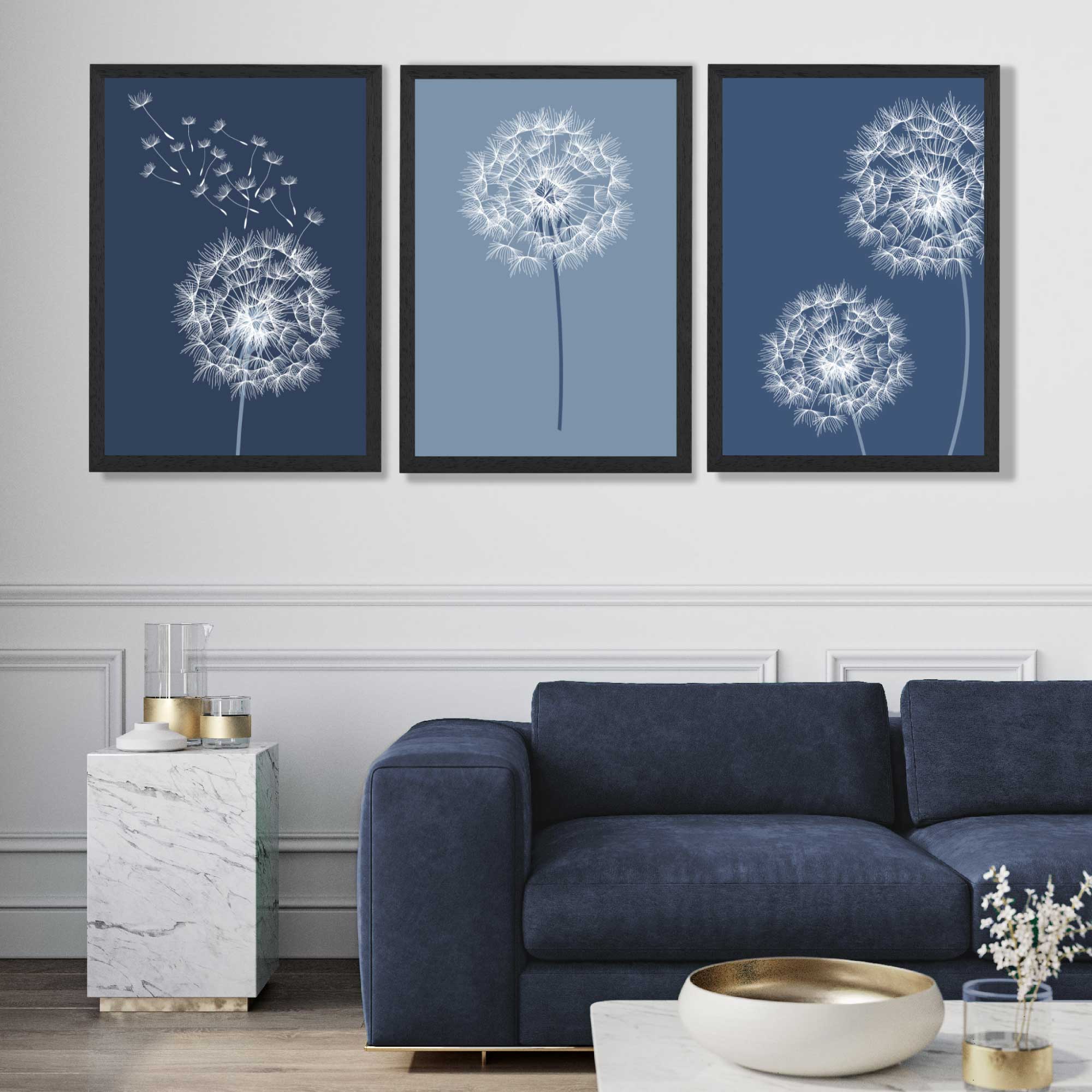 Dandelions Sketch on Blue Shades Set of 3 Art Prints in Black Frames | Artze UK