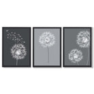 Dandelions Sketch on Grey Shades Set of 3 Framed Art Prints with Black Wooden Frames