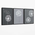 Dandelions Sketch on Grey Shades Set of 3 Canvas Art Prints with Black Float Frame
