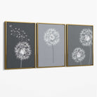 Dandelions Sketch on Grey Shades Set of 3 Canvas Art Prints with Gold Float Frame