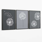 Dandelions Sketch on Grey Shades Set of 3 Canvas Art Prints with Grey Float Frame