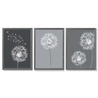 Dandelions Sketch on Grey Shades Set of 3 Framed Art Prints with Dark Grey Wooden Frames