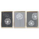 Dandelions Sketch on Grey Shades Set of 3 Framed Art Prints with Gold Wood Frames