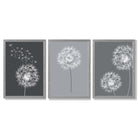 Dandelions Sketch on Grey Shades Set of 3 Framed Art Prints with Light Grey Wooden Frames