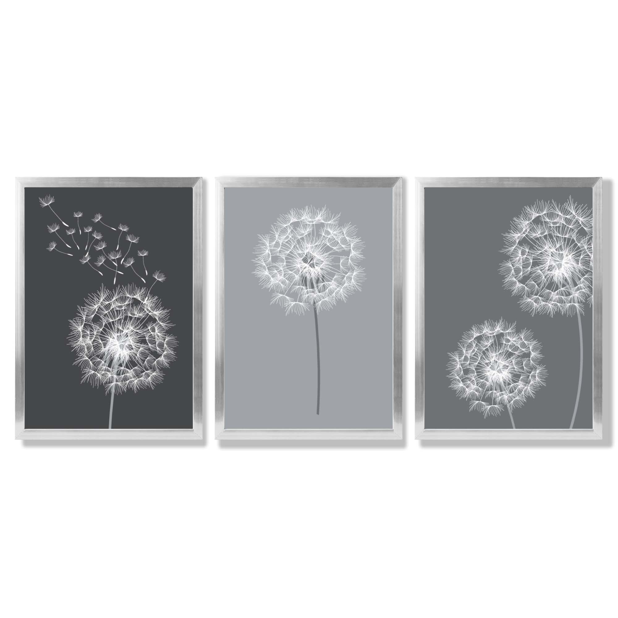 Dandelions Sketch on Grey Shades Set of 3 Framed Art Prints with Silver Wood Frames