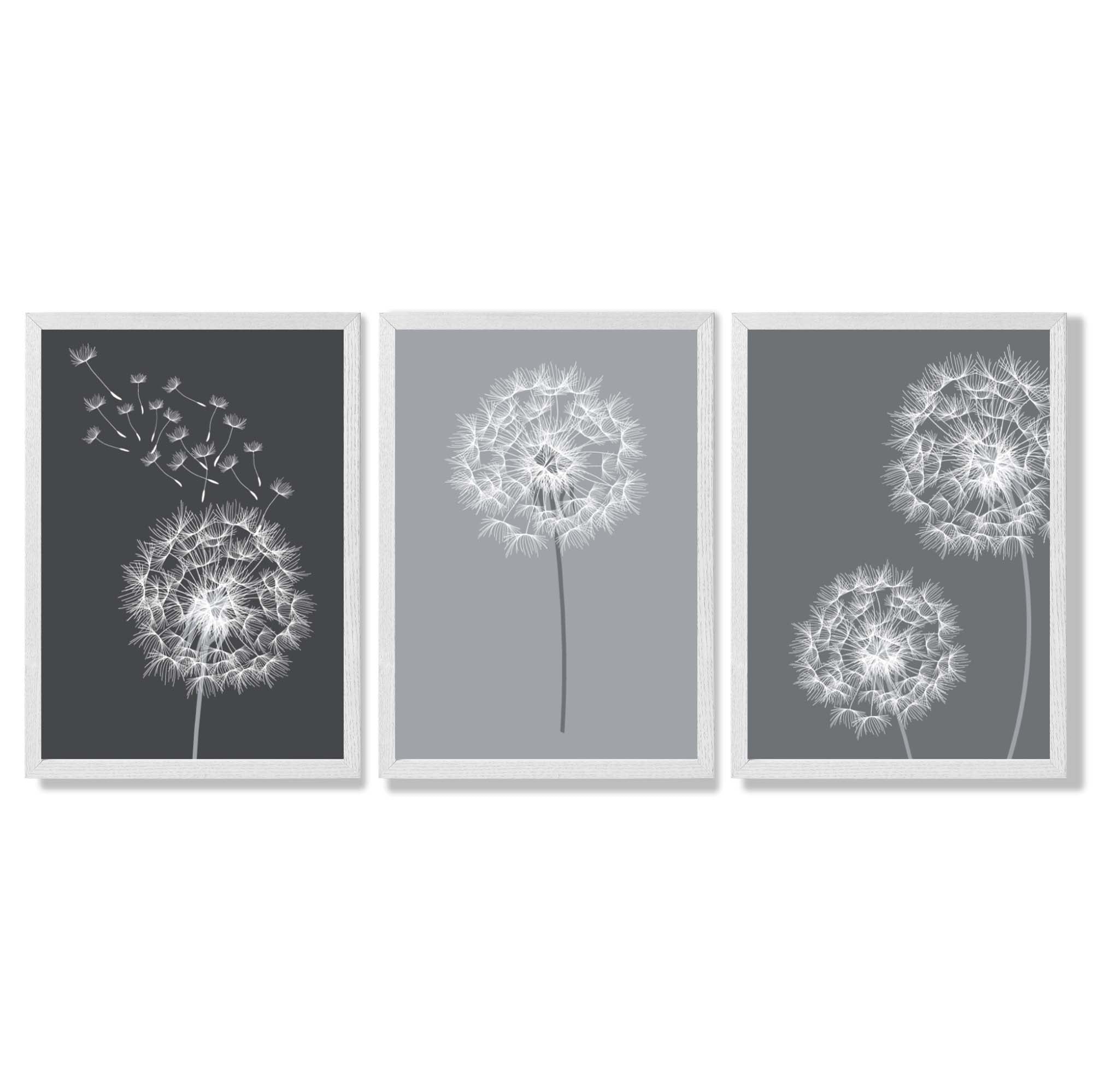Dandelions Sketch on Grey Shades Set of 3 Framed Art Prints with White Wooden Frames