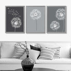 Dandelions Sketch on Grey Shades Set of 3 Art Prints in Luxury Frames | Artze UK