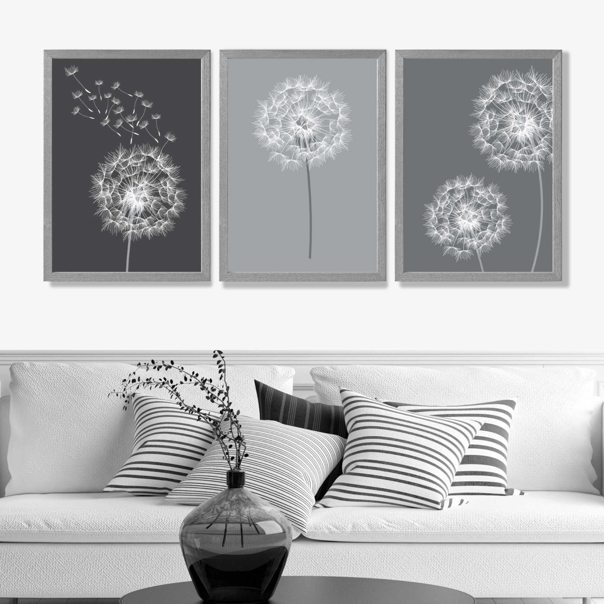 Dandelions Sketch on Grey Shades Set of 3 Art Prints in Luxury Frames | Artze UK