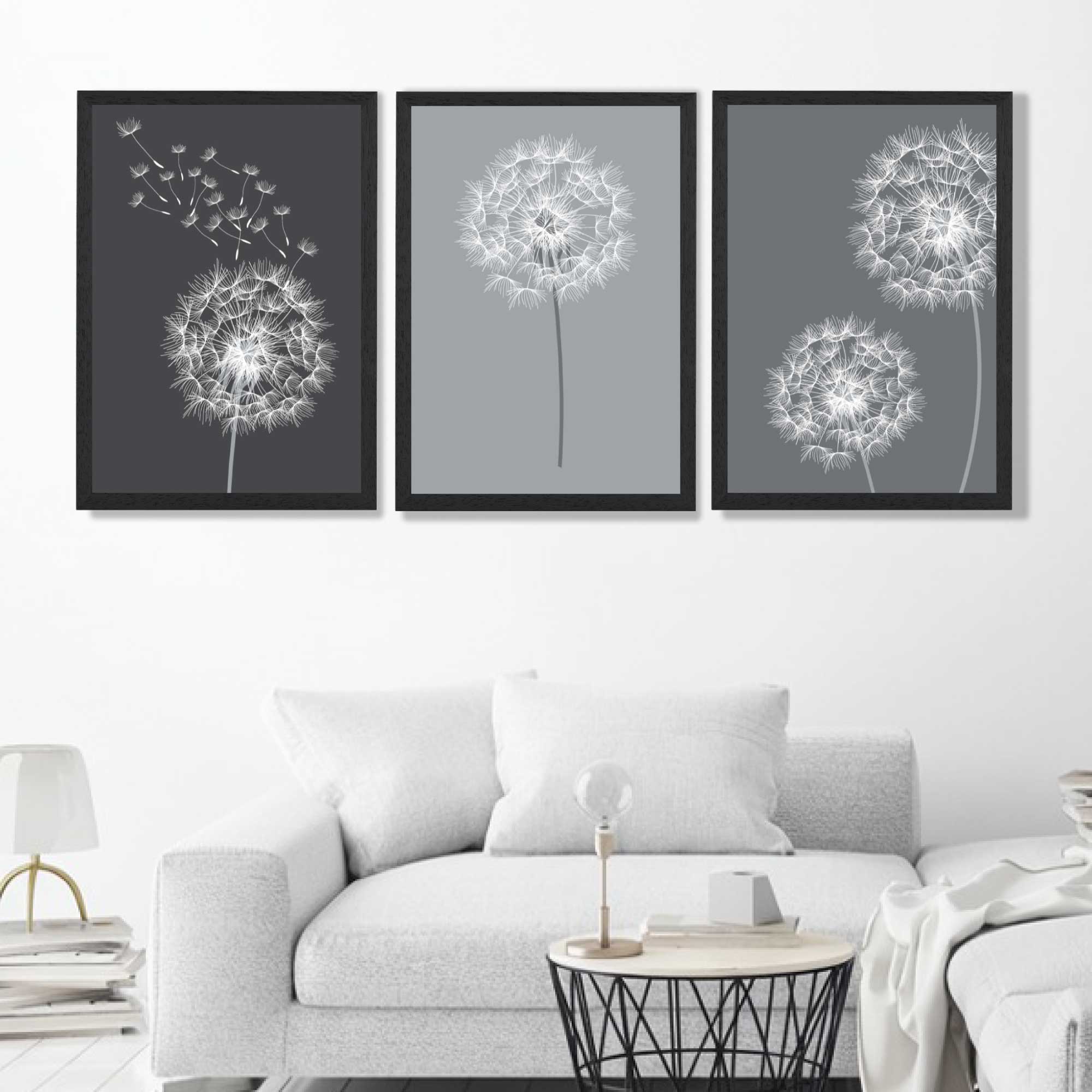 Dandelions Sketch on Grey Shades Set of 3 Art Prints in Black Frames | Artze UK