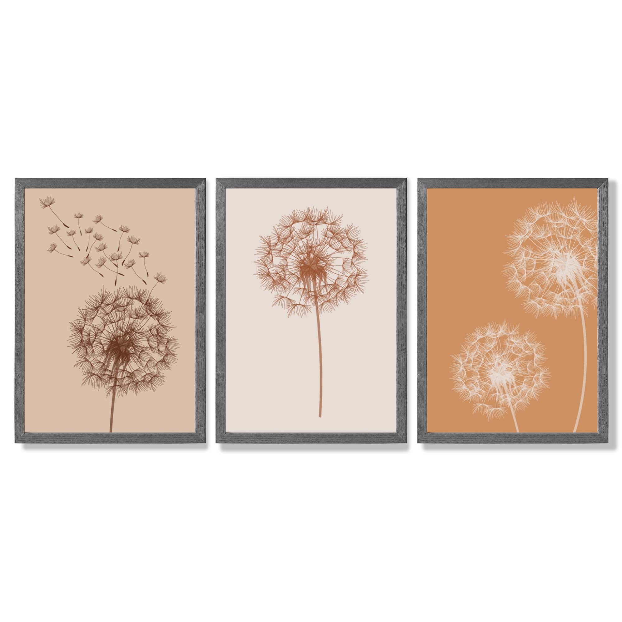 Dandelions Sketch on Beige and Orange Set of 3 Framed Art Prints with Dark Grey Wooden Frames