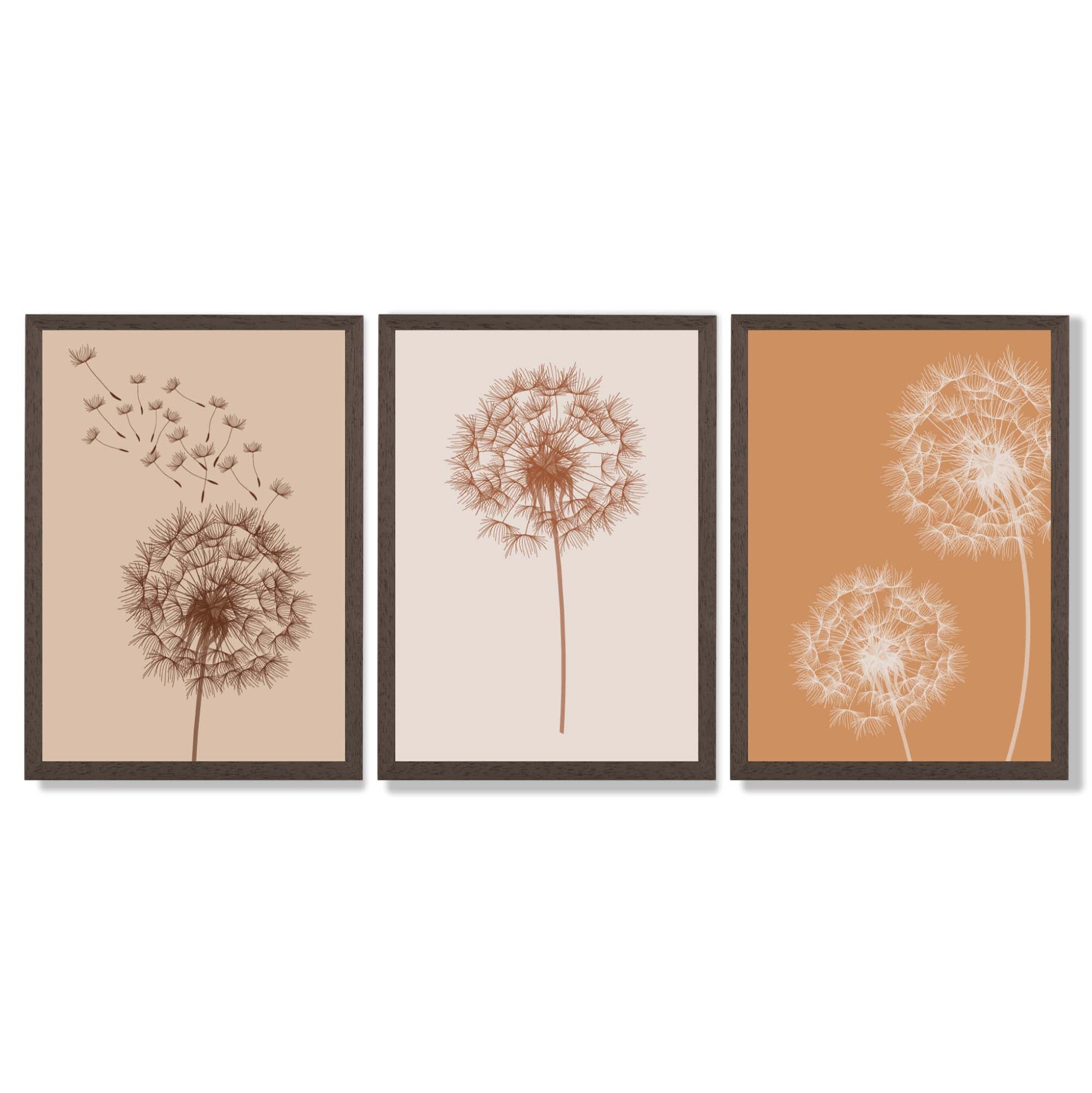 Dandelions Sketch on Beige and Orange Set of 3 Framed Art Prints with Dark Wood Frames