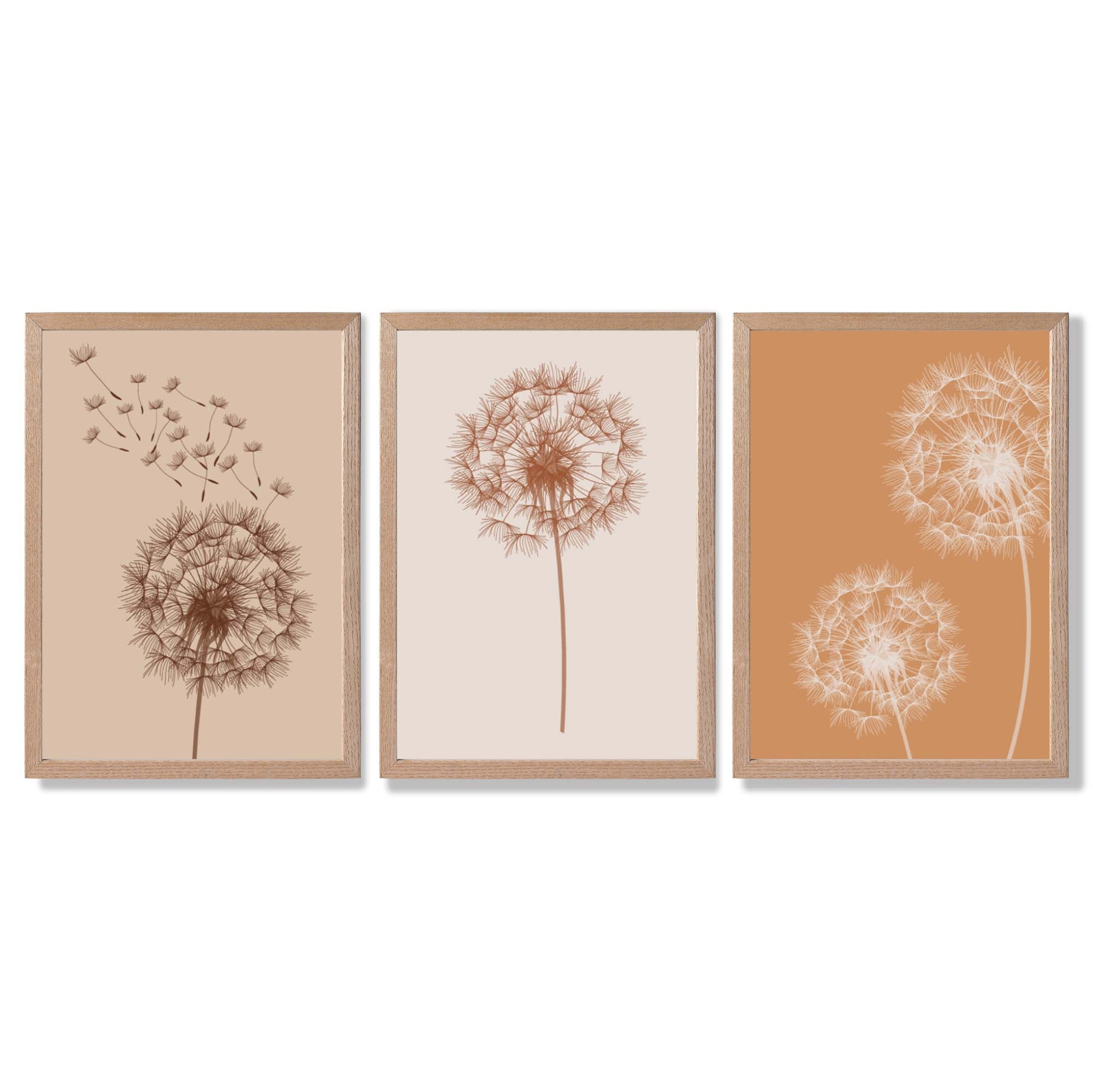 Dandelions Sketch on Beige and Orange Set of 3 Framed Art Prints with Light Oak Frames